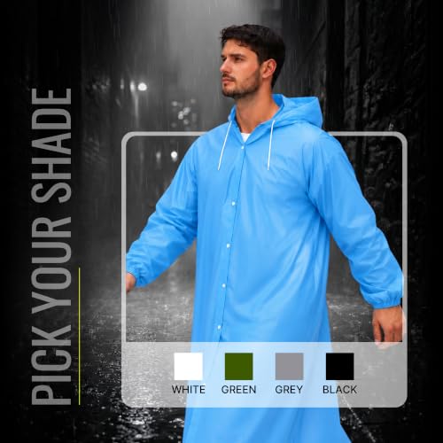 Image of Robustt EVA Reusable Raincoat with Hood (Sky Blue) - Pack of 1 | Elasticated Full Sleeves Outdoor Waterproof Raincoat for Men & Women | Rainwear | Button Closure | Knee Length | Universal Fit