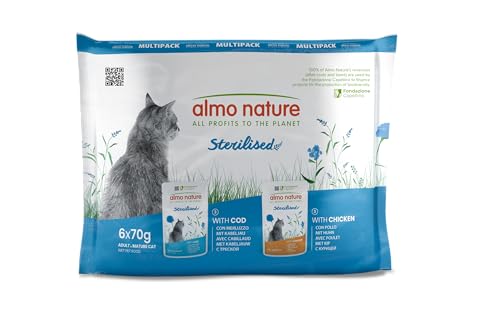Almo Nature Functional - Sterilised - Alimento Umido per Gatti Adulti e Maturi, Sterilizzati o Poco Attivi - con Merluzzo, con Pollo - Basso Contenuto di Grassi, Idratante - 70g (Confezione da 6)