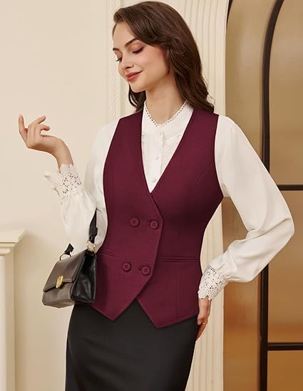 Belle Poque Kamizelka damska w stylu vintage, bez rękawów, dekolt w serek, dwurzędowe obszycie, kamizelka z kieszeniami