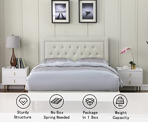 Full Upholstered Platform Bed Frame with 48\" Tall Adjustable Headboard - Button Tufted Linen Velour Bed - Wood Slat Support with Storage Space - No Box Spring Needed - Beige - Oliver & Smith - Berlin - Thumbnail 4