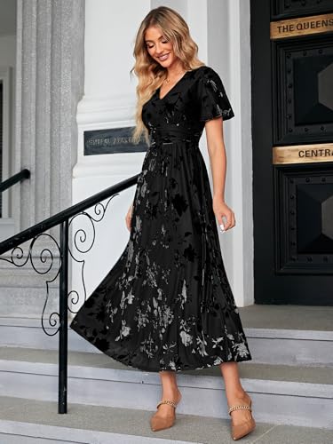 Image of Simplee Women's V Neck Velvet Maxi Dress Short Sleeve Empire Waist Long Formal Dress for Wedding Guest