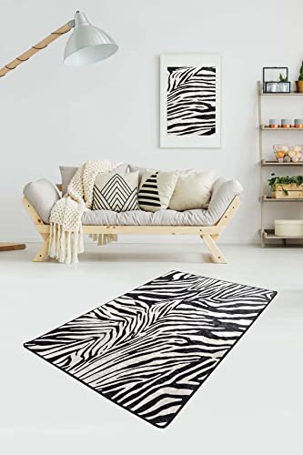 miqna Tapis de salon moderne à poils courts géométriques antidérapants - En gel noir et blanc (zèbre, 80 x 300 cm)
