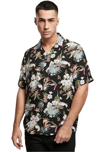 Urban Classics Viscose AOP Resort Shirt Hombre, Camisa Hawaiana con Estampado de Flores y Cuello Vuelto, Tallas S-5XL, Blacktropical, S