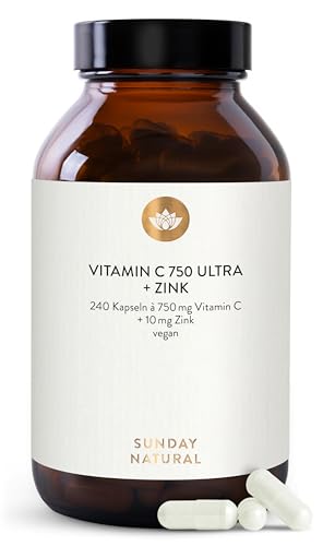 SUNDAY NATURAL® Vitamin C Zink Hochdosiert – 1500 mg Vitamin C und Zink 20 mg pro Tagesdosis – exklusiver PureWay® Komplex aus den USA – schnelle Absorption, mit Bioflavonoiden – vegan – 240 Kapseln