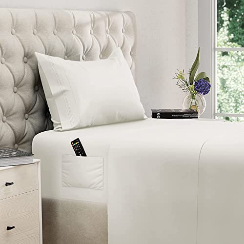 Image of DREAMCARE Twin XL Sheet Sets - 3 pcs Breathable Cooling Sheets - up to 15 inch Deep Pocket Twin XL Sheets Set with Side Pockets - Extra Soft 100% Brushed Hypoallergenic Hotel Luxury Bedding - Ivory