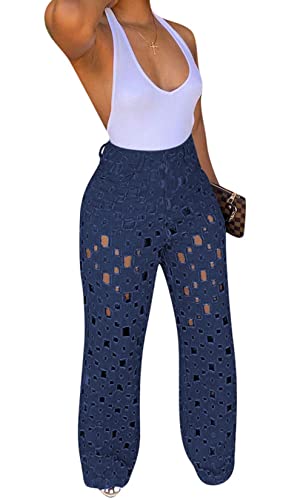 CHARTOU Women Chic High Waisted Hollow Out Denim Pants Cutout Ripped Jeans Wide Leg Party Night Out Punk3