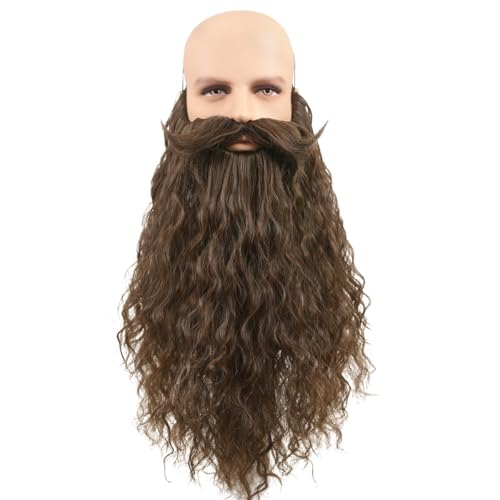Honcloud 18 Inches Men's Long Curly Brown Synthetic Pre - styled Realistic Fake Beard for Wizard Costume and Halloween Party (Brown)