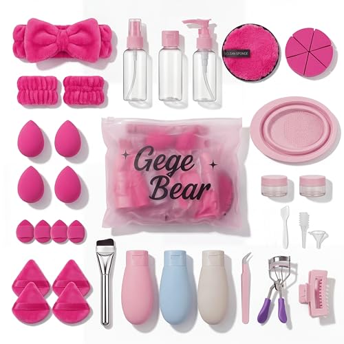 Image of Gege Bear 38-Piece Complete Beauty & Skincare Kit for Women | Spa Headband + Wrist Bands, 18 Sponges & Puffs, 8 Travel Bottles, Collapsible Brush Cleaning Tub, Eyelash Curler, Tweezers, Foundation Brush | All-in-One Makeup Starter & Travel Kit | (Hot Pink, 38 PCS)