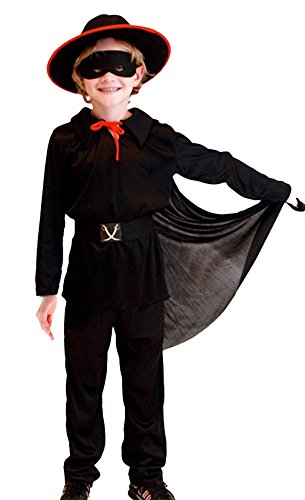 GIFT TOWER 6er Zorro Kostüm Kinder für Fasching Karneval Party Tops +Hosen+Mütze+Umhang +Augenmaske+Gürtel für 4-12 Jahre Schwarz L/für 7-9 Jahre