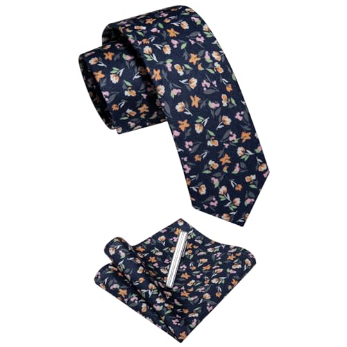 Image of YourTies Cotton Floral Tie for Men 2.5 inch Printed Skinny Necktie Pocket Square Tie Clip Set Flower Wedding Party Groom