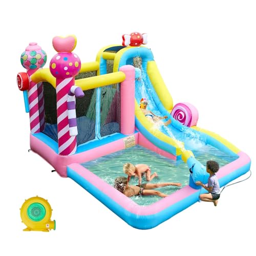 Image of Inflatable Bounce House with Blower,Kids Water Slide Bouncy Castle with Jumping Playhouse,Sprinker,Water Cannon, Climbing Wall & Splash Pool,Indoor Outdoor Backyard Water Park for Boys Girls Ages 3-10