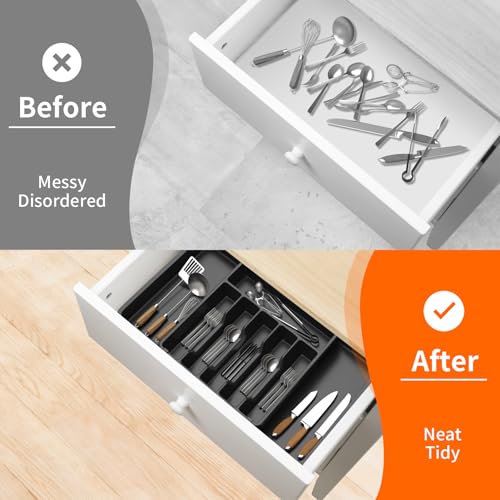 Cutlery Drawer Organiser, 33-57CM Expandable Utensil Tray for Kitchen with 8 Compartment Holders, Adjustable Silverware and Flatware Holder, Compact Plastic Storage Insert for Spoons Forks Knives - Image 7