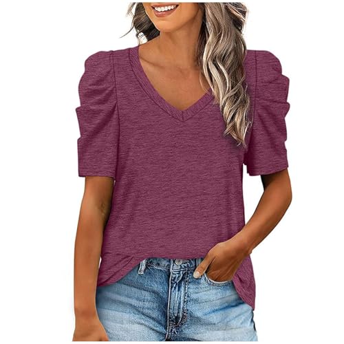 Dyhxuan Camiseta de verano elegante para mujer, cuello de pico, monocolor, manga abullonada, camiseta informal, de algodón, camiseta de manga corta, camiseta larga, túnica, holgada, blusa larga,