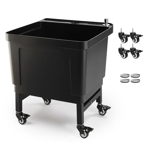 ROVSUN Commercial Mop Sink on Wheels, Plastic Floor Mop Slop Sink, Black Freestanding Mobile Utility Sink for Restaurant, Office, Business, Outdoor, Indoor Use, 19.7L x 18.8W x 22.3H inch