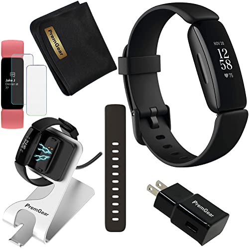 Fitbit Inspire 2 Smart Watch Health & Fitness Tracker (Black), with 24/7 Heart Rate, 1-Year Premium Trial, S & L Bands, Metal Bracket Charger Dock, Wall Adapter, Screen Protectors & PremGear Cloth