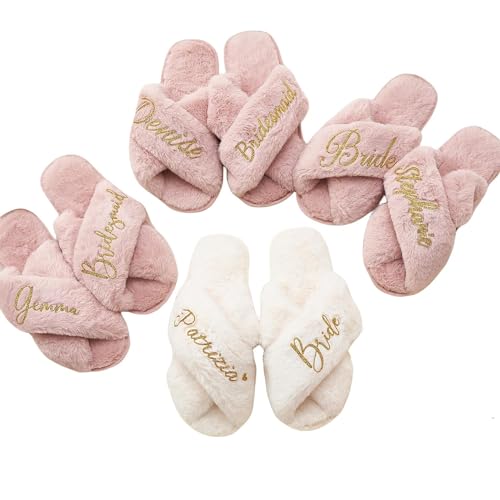 Personalized Bride Fluffy Slippers, (XS-S-N-L-XL)(Women+Kid) Custom Bridesmaid Shoes for Wedding Day, Bachelorette Party Bridal Shower Gift for Bride, Hen Fluffy Slide On Girls Night Sleepover