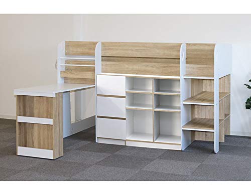 ロフトベッド システムベッド ロータイプ コンセント付き mir00160-0517 (ホワイト/オーク) ミドルベッド 大人 子供 ベッド 白 ホワイト グレー オーク ベッド下 収納 木製 アイアン 机付き 引出し付き チェスト 棚付き デスク はしご シングルベッド すのこのサムネイル