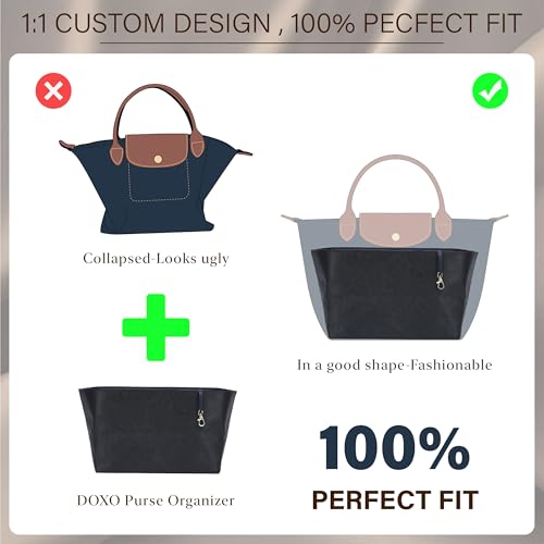 Image of Doxo Purse Organizer Insert for Longchamp Le Pliage Medium, 6-Compartment Bag Organizer with YKK Zipper Pocket, Cup Holder, Key Chain, Waterproof DupontPaper Lightweight Handbag Shaper (Black Blue,M)