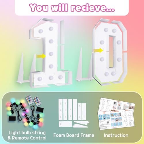 Image of Imprsv Colorful 3FT Marquee Numbers Light up Numbers 10 Birthday Decoration | RGB with Remote, Party Decorations Anniversary Wedding Decorations Assembly Required Foam Board 38 Pcs Accessory Set