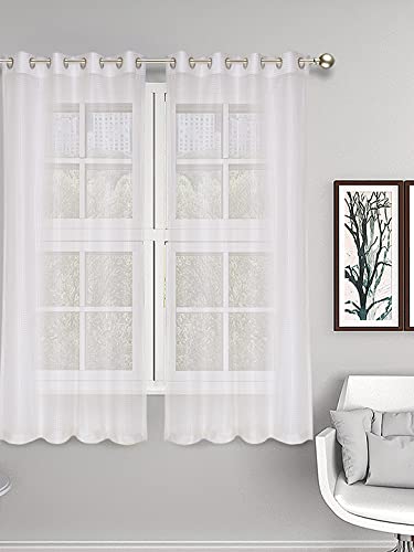 Image of Set of 2 Pcs Sheer Premium Lightweight Tissue Fabric Solid Cream Color Eyelet Window Curtain, 2 Pc Window Curtain 5ft