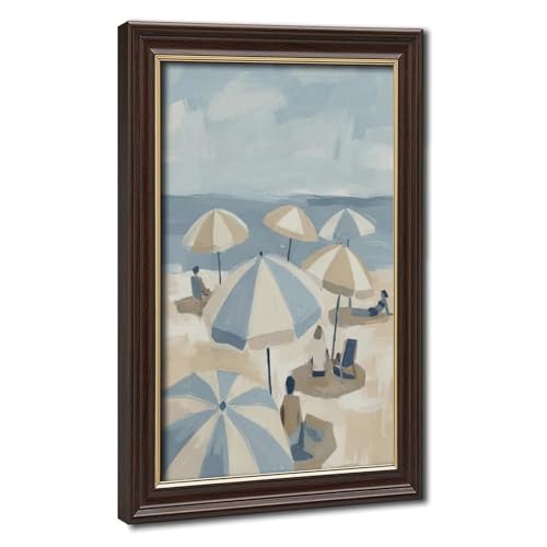 Toile parasol de plage bleu beige grand format tableau salon