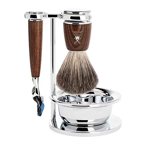 MÃHLE RYTMO Steamed Ash 4-piece Pure Badger 5-Blade Razor Modern Luxury Wet Shaving Set - Perfect for Every Day Use, Barbershop Quality Close Smooth Shave