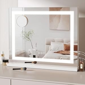 Dripex Hollywood Vanity Mirror with Light, 58 x 48 cm LED Makeup Mirror Light Up Vanity Mirror with 3 Colors Dimmable Strip Light, USB and Type-C Port, Tabletop or Wall-Mounted,