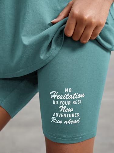 Image of OYOANGLE Girl's 2 Piece Outfits Letter Graphic Print Short Sleeve Tee Top and Biker Shorts Tracksuit Workout Set