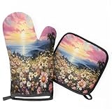 Flores Margarita Guantes Cocina Juego De 2 con Ganchos Guante De Horno Agarraderas Resistentes Al Calor Guante Cocina para Microondas Pizza Barbacoas