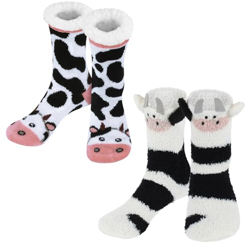 Image of Liitrsh 2 Pairs Fuzzy Slipper Socks with Grippers Animal Sock Sherpa Lining Warm Plush Animal Lover Gift for Valentine's Day
