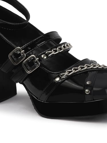 Image of TRYME Women's Ankle Buckle Strap Mary Jane with Chain Chunky Block Heel Sandals