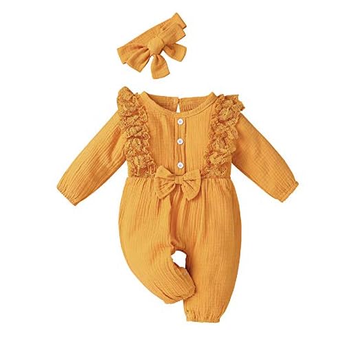 puseky Nyfödd baby flicka set bebis flicka höst kläder bomull linne jumpsuit, gUL, 3-6 månader