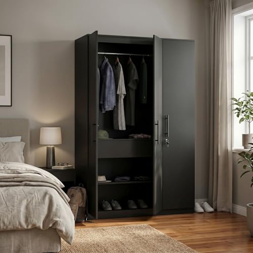 Image of FFO Metrix 3 Door Wardrobe for Bedroom | Black Wooden Almirah with Hanging Rod, Shelves & Lock | Spacious Clothes Storage Cabinet for Home, Bedroom, Hostel & Office | Modern Engineered Wardrobe DIY.
