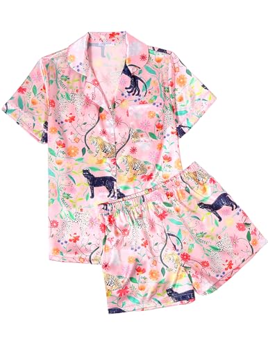 Image of Ekouaer Silk Satin Pajamas 2 Piece Pajamas for Women Set Button Down PJ Short Sleeve and Shorts Pjs Lounge Sets