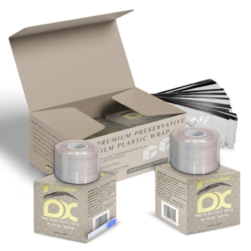 BROWSXPERT Preservative Film Plastic Wrap – 2 Rolls 42mm x 200m + 6 Eyebrow Ruler Stencils | Transparent Cling Film for Brow Lamination, Microblading, Tattoo, PMU, Lip Blush & Eyebrow Tinting | Tools