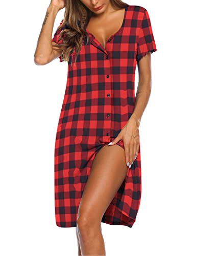 Image of Ekouaer Women's Nightshirt Short Sleeve Button Down Nightgown V-Neck Sleepwear Pajama Dress
