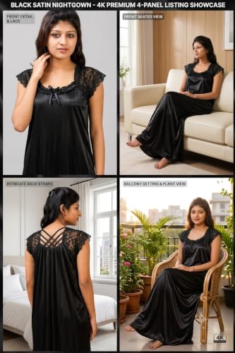 Image of Satin Full Length Nighty for Women, Maroon Maxi Night Gown with Lace Detail, Soft Breathable Fabric, Stylish Night Dress