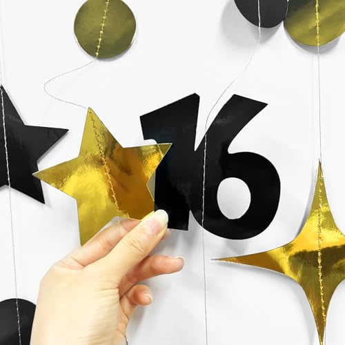 Image of Black Gold 16th Birthday Decorations Number 16 Circle Dot Twinkle Star Garland Streamer Banner Backdrop for Girls Boys Happy 16th Birthday Sweet Sixteen Anniversary Cheers to 16 Years Party Decor