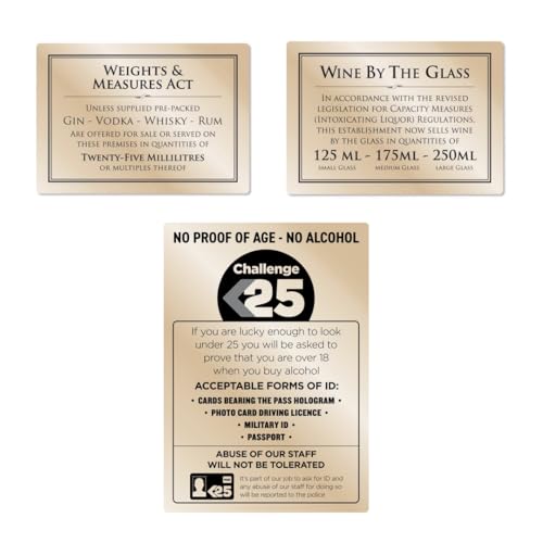 3 Pcs Signs Essential Bar Licensing Sign Pack GOLD 3 Pcs Challenge 25 - Spirit Measures 25ml - Wine by the Glass Pub Restaurant Catering