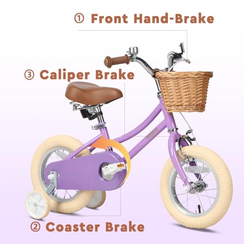 Image of Petimini Vintage Kids Bike for Girls, 12-20 Inch Classic Bicycle with Wicker Basket & Bell, High Tensile Steel Frame, Training Wheels (12-18 inch), 85% Pre-Assembled, Retro Bike for Outdoor Riding