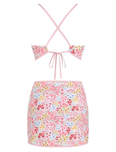 ZAFUL Women's High Waisted Bikini Sets Tummy Control Bathing Suits Floral Swim Skirt Two Piece Triangle Swim Suit 2025 Pink Floral XL — view 4