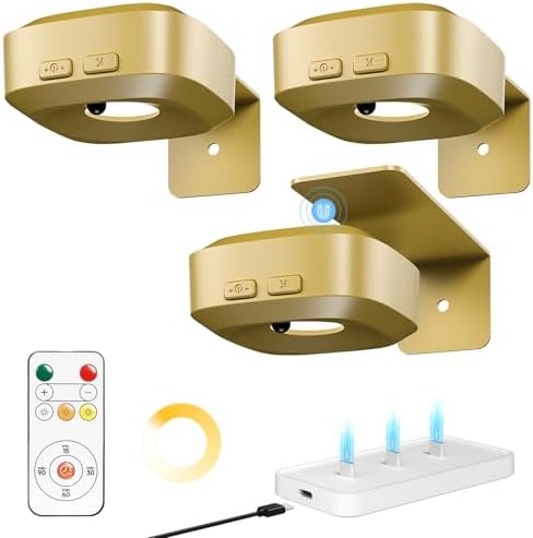 Picture Lights for Wall with Charge Station, 3 Pcs Rechargeable Magnetic Poster Lights with 3 Color Temperatures, Dimmable Timer Painting Wall Decor Light for Art Display, Frame (Gold)