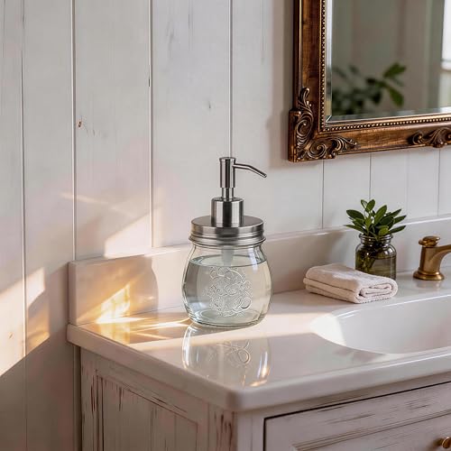 Image of Amolliar Mason Jar Liquid Soap Dispenser Pump, Rust Proof Stainless Steel Lid, Refill Liquid Soap Pump for Kitchen, Bathroom, Cute Farmhouse Decor for Hand Soap, Dish Soap, Lotion Soap, Silver 2 Pack