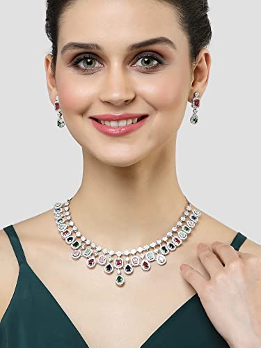 Image of Karatcart Silver Toned American Diamond Studded Jewellery Set for Women