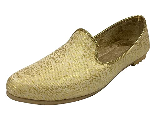 Shoe Bazar Punjabi Jutti for Men's Traditional Mojaris Shoes Cream Gold Wedding for Groom Indian Handmade Ethnic Jooti