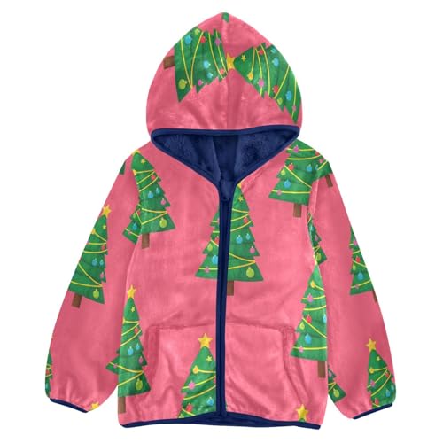 Christmas Trees on Pink Toddler Fleece Jacket Girl Boys Hooded Fleece Jacket Coat Warm Outwear Zip-up 3-10T