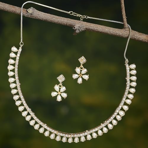 Image of ZENEME Gold-plated and Cubic Zirconia Necklace With Earrings for Women & Girls