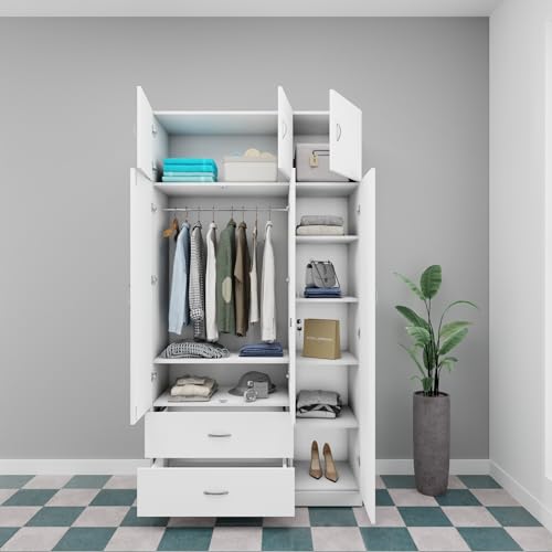 Image of VIKI Wardrobe | Wooden Almirah for Clothes,Door for Bedroom, 3 Door Loft Wardrobe with Drawer & Hanging Space (Frosty White - 40D x 120W x 220H) | 1 Year Warranty | Free Assembly