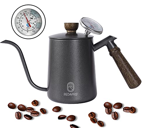 Cafeteira Chaleira Bico de Ganso de Café Com Termômetro, de Aço Inoxidável Com Cabo de Madeira 600ml