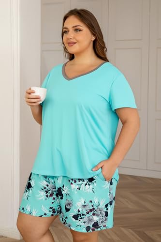 Image of Vozanet Women's Short Sleeve Top and Shorts Pajama Sets Plus Size V Neck Colorful Flower Nighty Loungewear With TWO Pockets